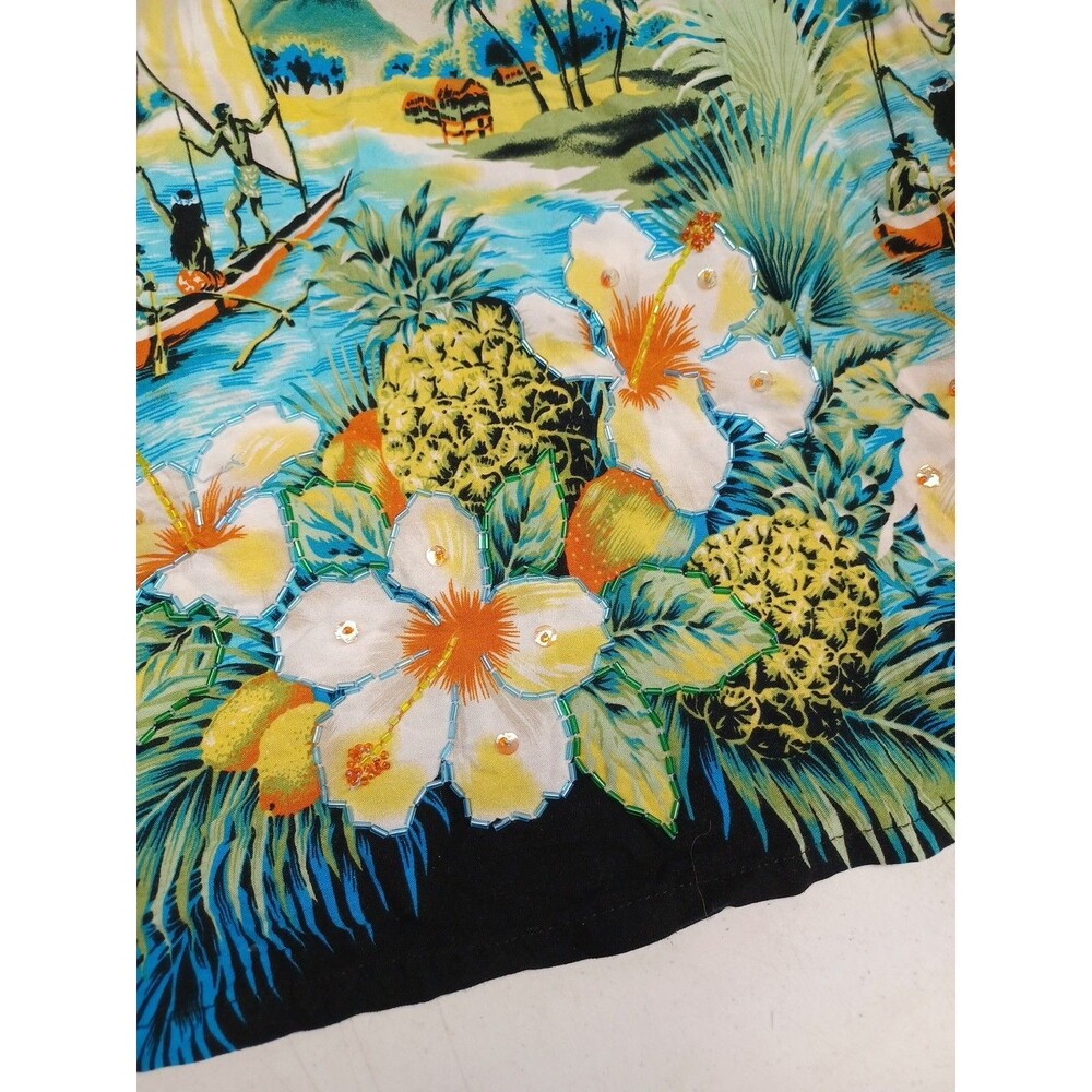 Colorful Hawaiian Dress Sz L Embellished Beaded Palms Floral Pineapple Sequins - Picture 8 of 12